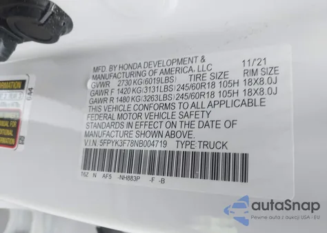 2022 Honda Ridgeline Rtl-E from USA, damaged, VIN 5FPYK3F78NB004719